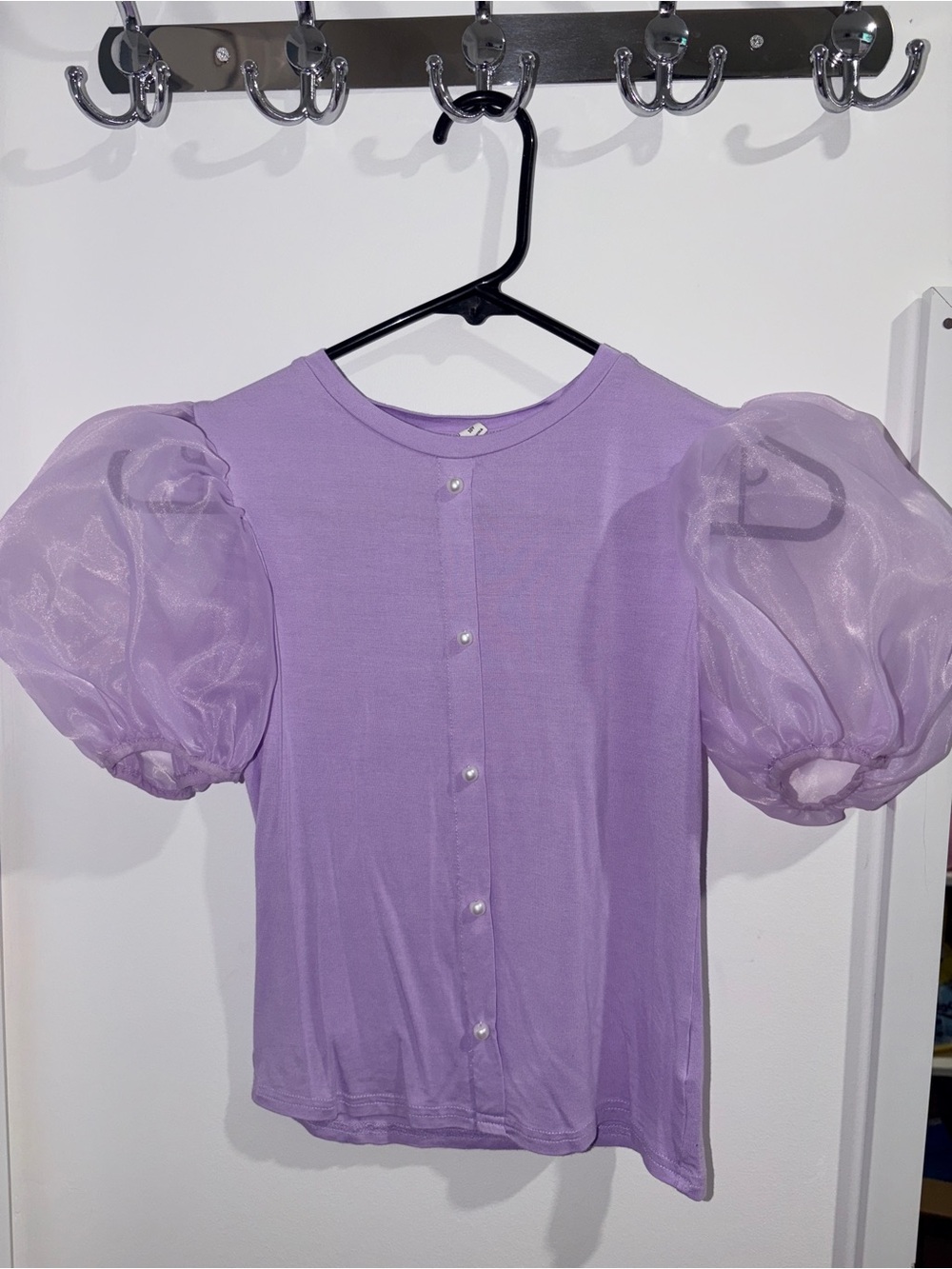 Girls' Lavender Puff-Sleeve Top with Pearl Buttons 140 / 10Y
